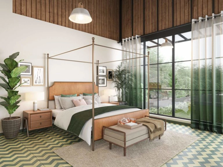 Luxurious bedroom with refined interiors at Siena Villa F luxury villa in Alibaug