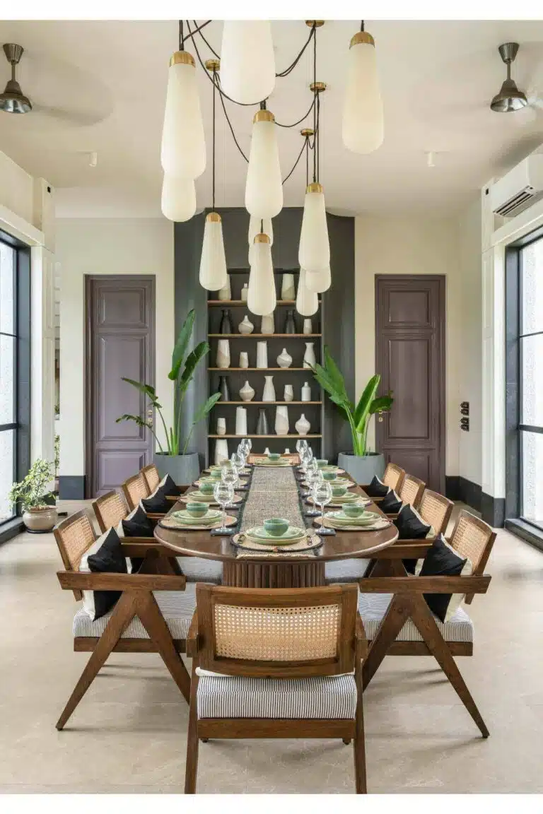 Elegant dining area with premium interiors at Riyuvann Estate luxury villa in Alibaug